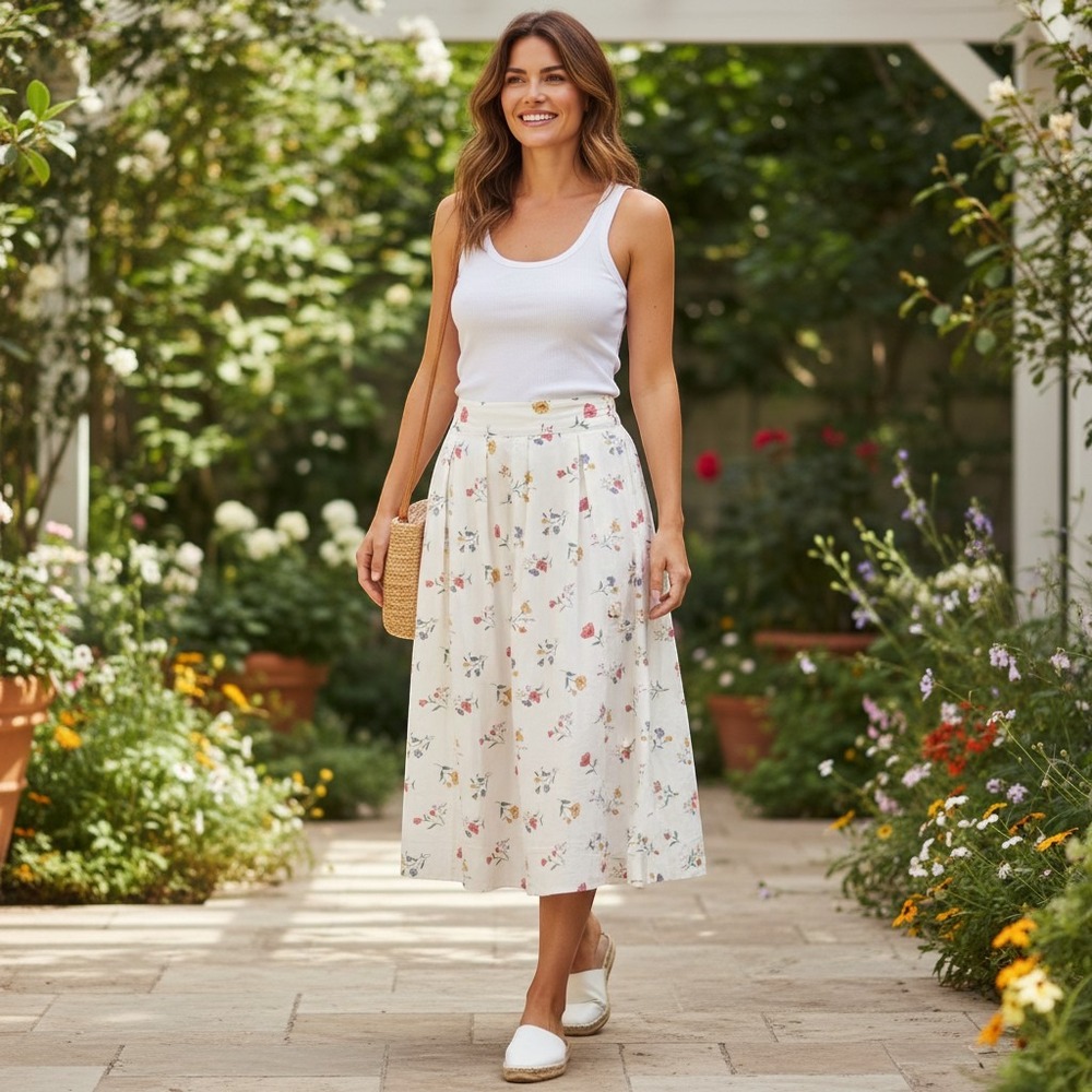 Fritzi Plus Vintage Floral Midi Skirt White Pink 2X Made in USA Cottage Feminine